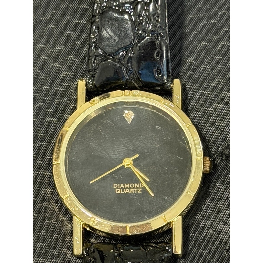 Vintage Diamond Quartz Gold Tone Watch Black Dial Japan Movt Stainless Back